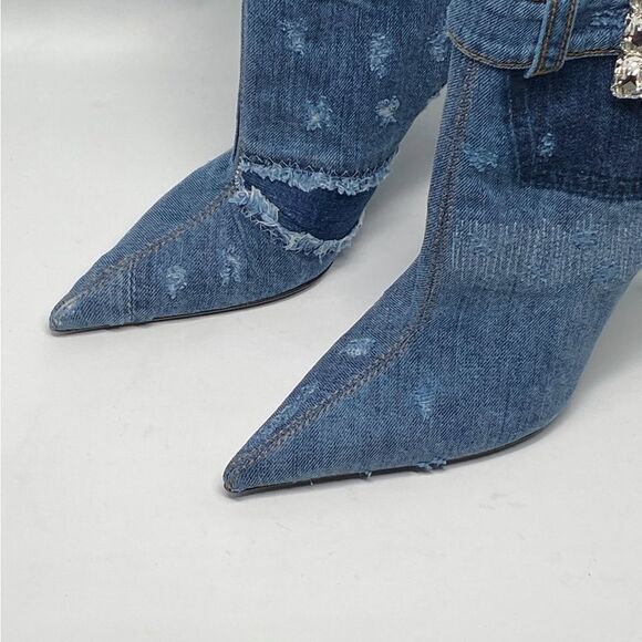 DOLCE & GABBANA Patchwork denim ankle boots with rhinestone buckle - Picture 6 of 16
